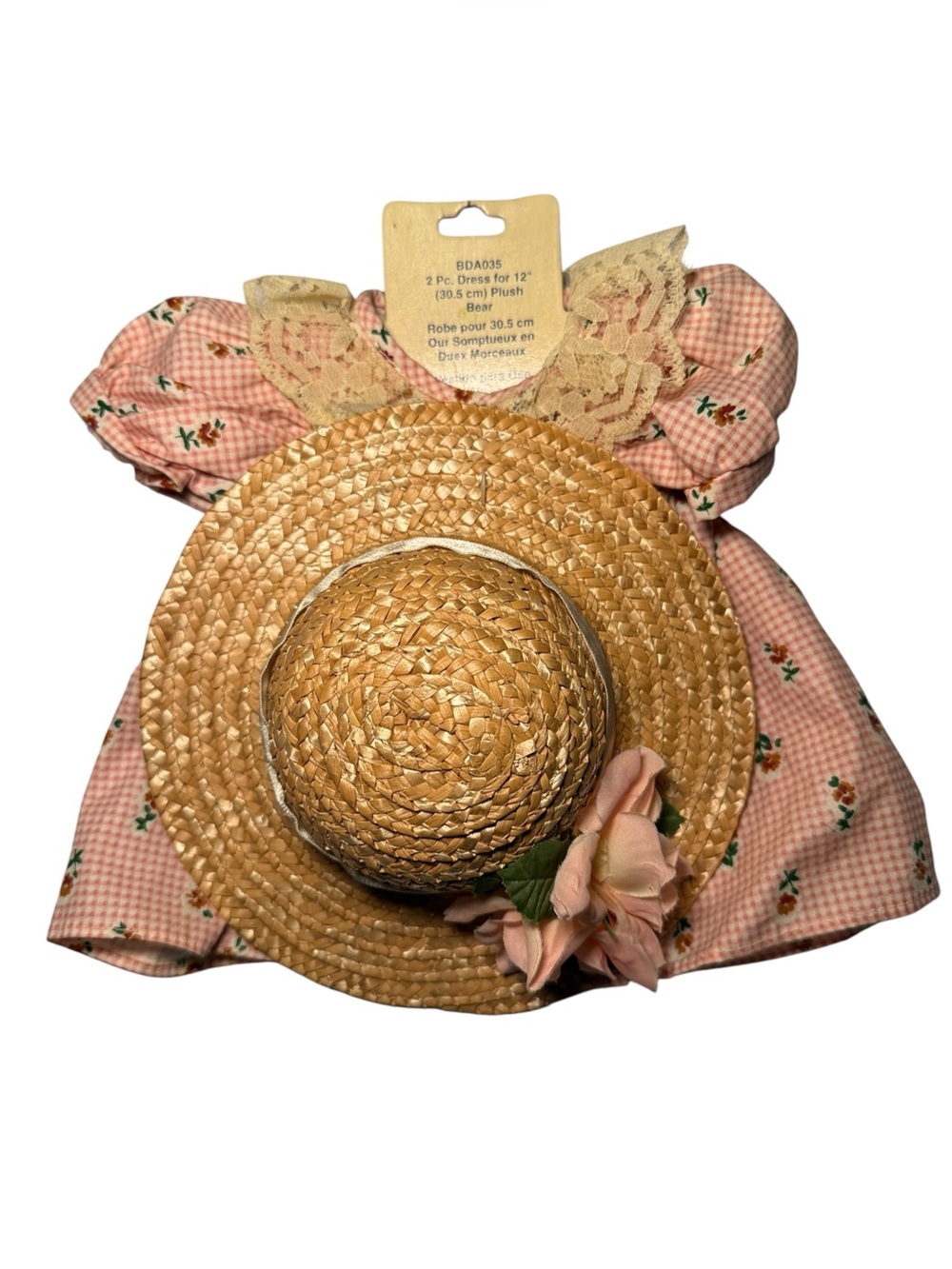 Two Piece Red/Pink Gingham Dress and Straw Hat Outfit for 12in Plush Bear NWT